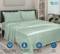 ROYALE LINENS 400 Thread Count 100% American Grown Cotton 4 Piece Sateen Queen Sheet Set - 1 Fitted Sheet, 1 Flat Sheet, 2 Pillow case - Queen Bedsheet - Cotton Sheets - (Queen, Gurli Light Green)