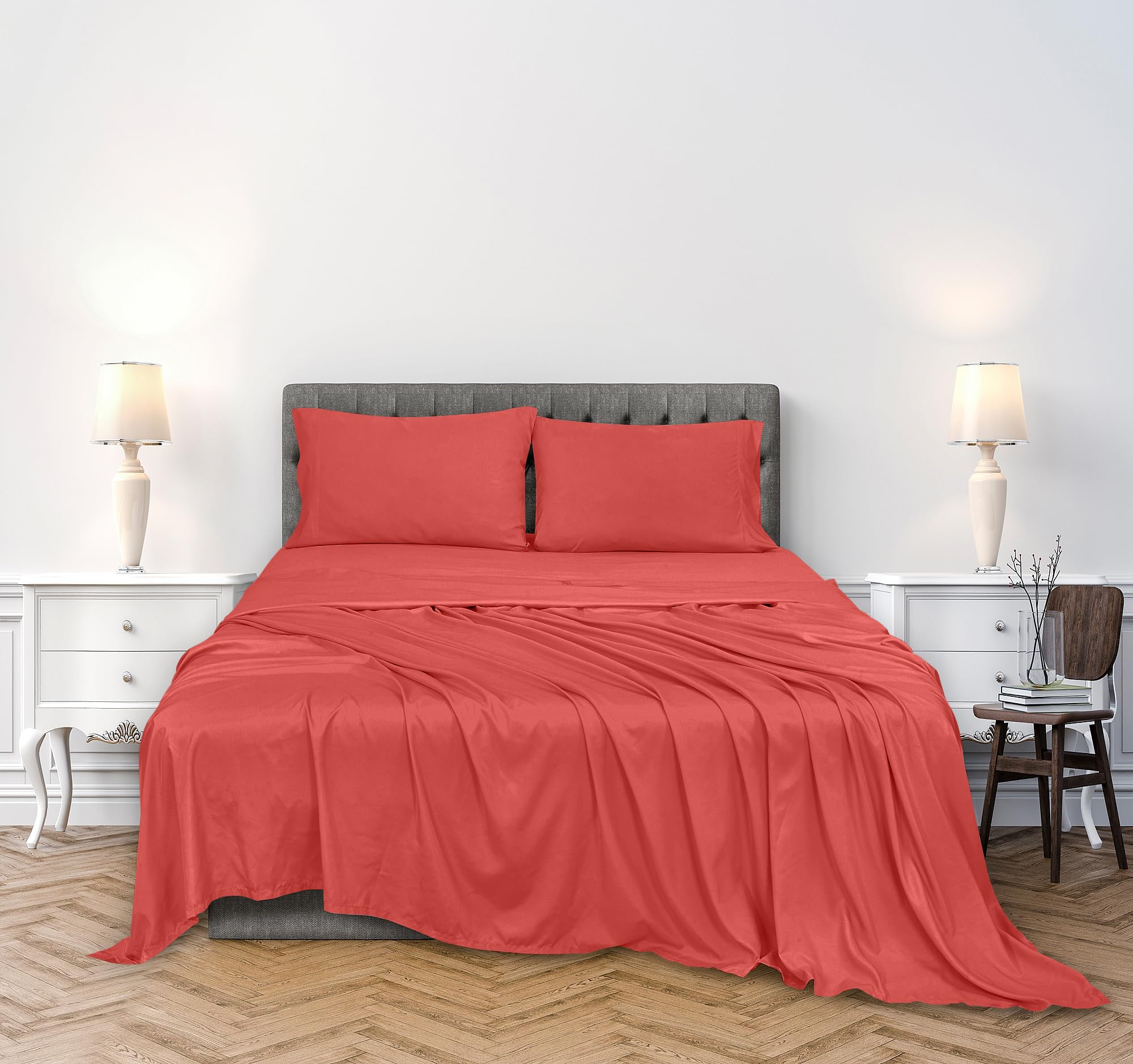 ROYALE LINENS 300 Thread Count 100% Long Staple Combed Cotton Sheet Set - 4 Piece Bed Sheet 1 Fitted Sheet, 1 Flat Sheet, 2 Pillow Case - Breathable, Cool & Crisp Percale Sheet Set ( Pink)