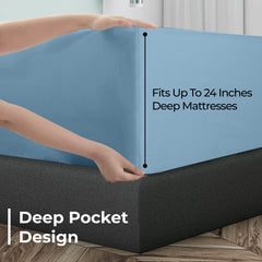 Royale Linens Extra Deep Pocket Queen Fitted Sheet Only - Lake Blue Queen Size Fitted Sheet Deep Pocket - Fits 18 inch to 24 inch Thick Mattress - Fitted Sheet Only - Elastic Sheet (Queen, Lake Blue)