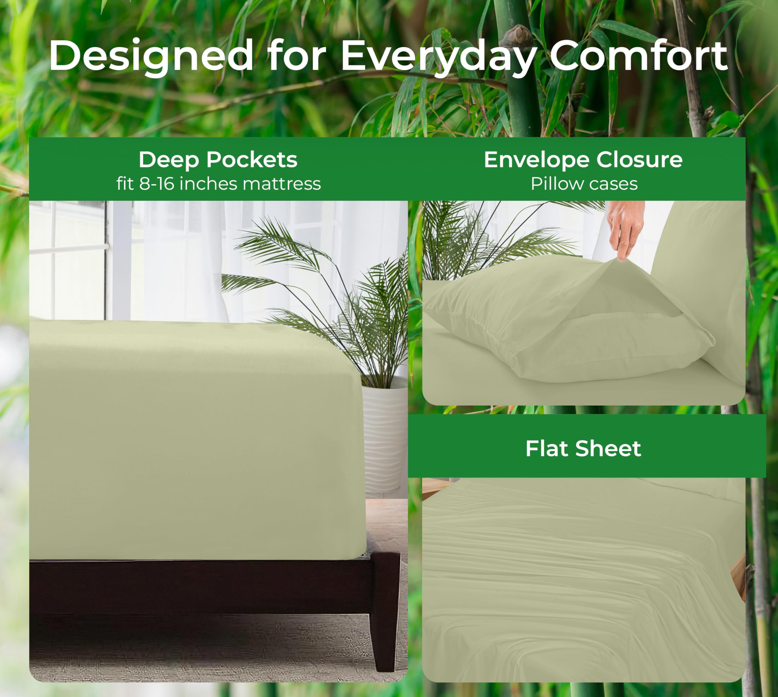Royale Linen Bamboo Viscose Sheet Set - Cooling Bed Sheet Set - 1 Fitted 1 Flat & 2 Pillowcase - Fits Up to 16 - Organic Viscose Derived from Bamboo - Bedding Sheet &Pillowcase (SageGreen)