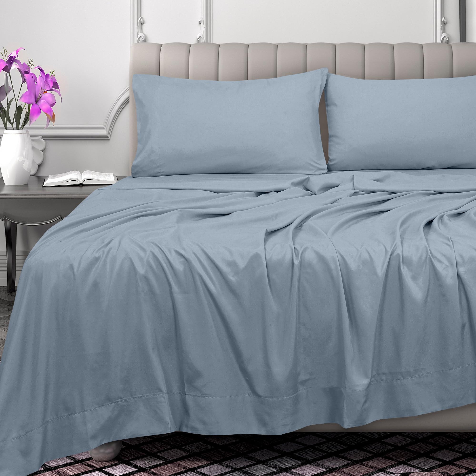 Royale Linen 300 Thread Count 100% Long Staple Combed Cotton Flat Sheet - Super Soft - Top Sheet - Flat Sheet Sold Separately - Breathable Cool & Crisp Percale Flat Sheet Only ( Lake Blue)