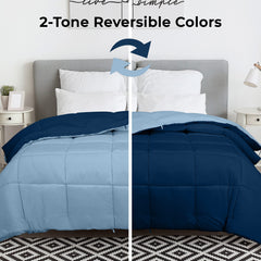 ROYALE Queen Comforter - All Season Down Alternative Bedding Comforter - Lightweight Quilted Comforter with Corner Tabs - Luxury Hotel Comforter - Box Stitched Duvet Insert (Queen, Navy & Lake Blue)