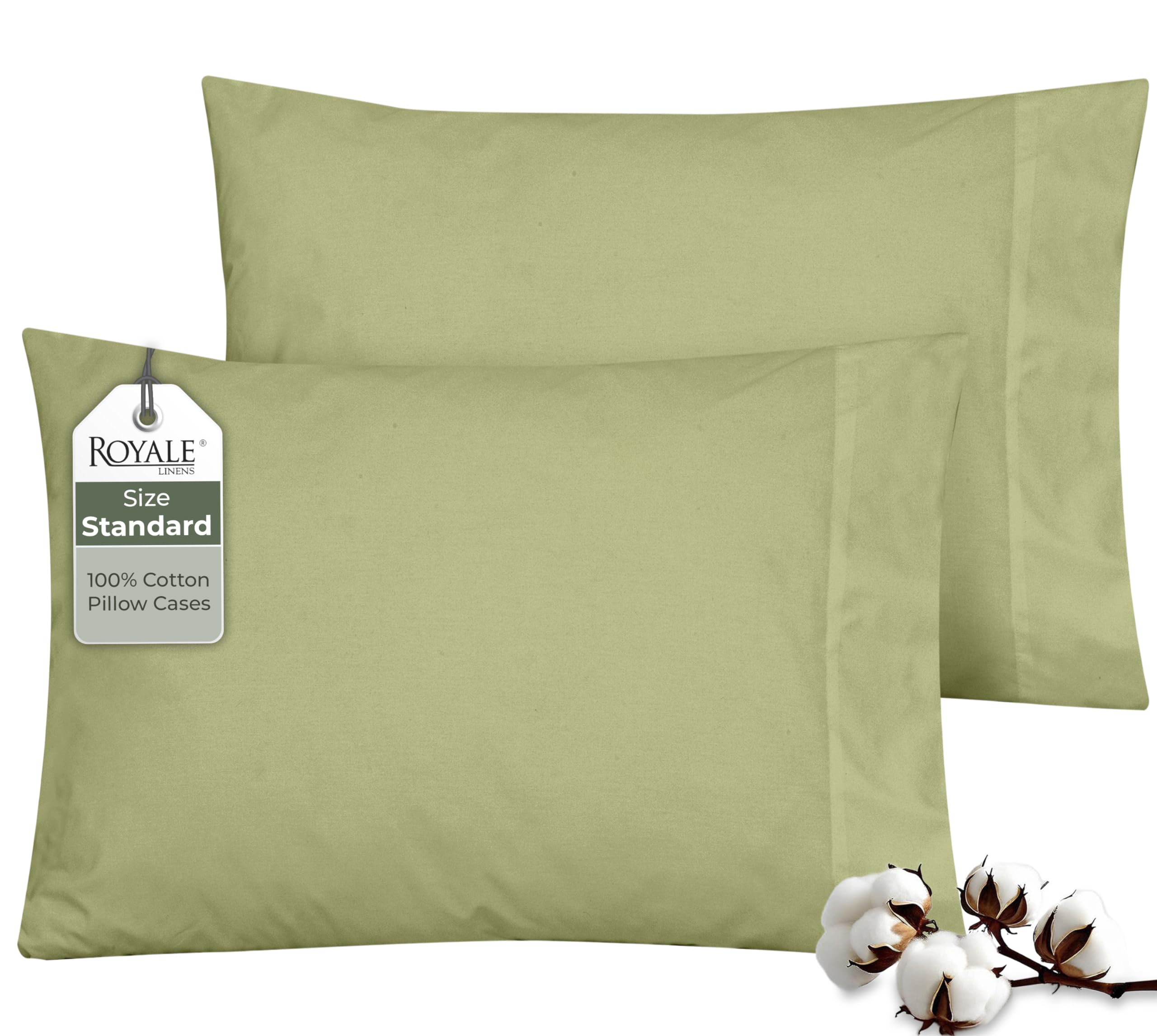 ROYALE LINENS 200 Thread Count 100% Long Staple Combed Cotton Pillowcases Set Of 2 - Ultra Soft - Queen Bed Pillow Cover - 20"x30" - Breathable, Cool & Crisp Percale White (Queen, Sage Green)