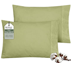 ROYALE LINENS 200 Thread Count 100% Long Staple Combed Cotton Pillowcases Set Of 2 - Ultra Soft - Queen Bed Pillow Cover - 20"x30" - Breathable, Cool & Crisp Percale White (Queen, Sage Green)