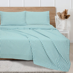 Royale Linens 300 Thread Count 100% Long Staple Combed Cotton Striped Sheet Set - 4 Piece Queen Bed Sheet - 1 Fitted Sheet, 1 Flat Sheet, 2 Pillowcase -Cool & Crisp Sheet Set (Queen, Stripe Lake Blue)