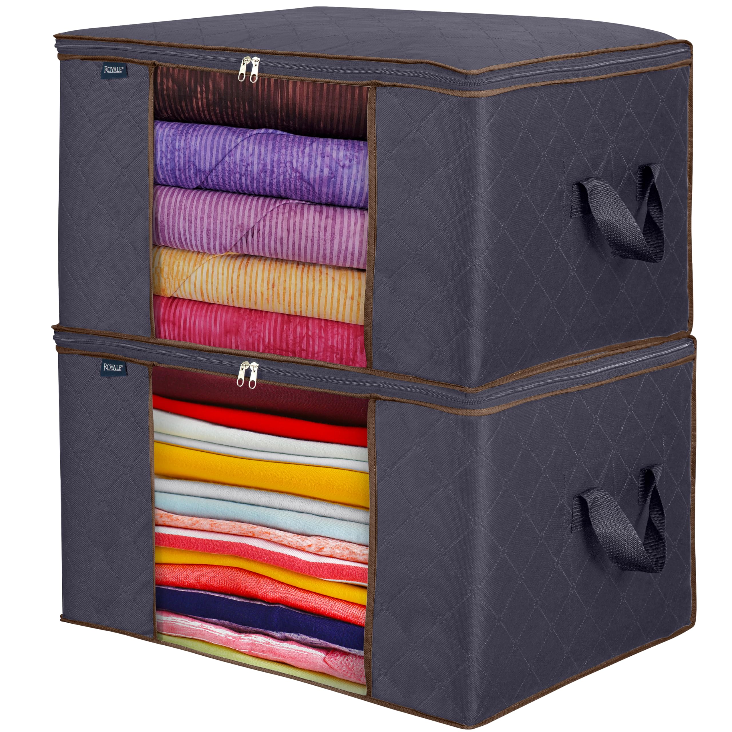 Royale Large Capacity Clothes Storage Bag Organizer with Strong Handle- 90L Fabric Bag - Zipper Closure - Storage Container for Organizing Bedroom, Closet, Clothing, Comforter with Clear Window