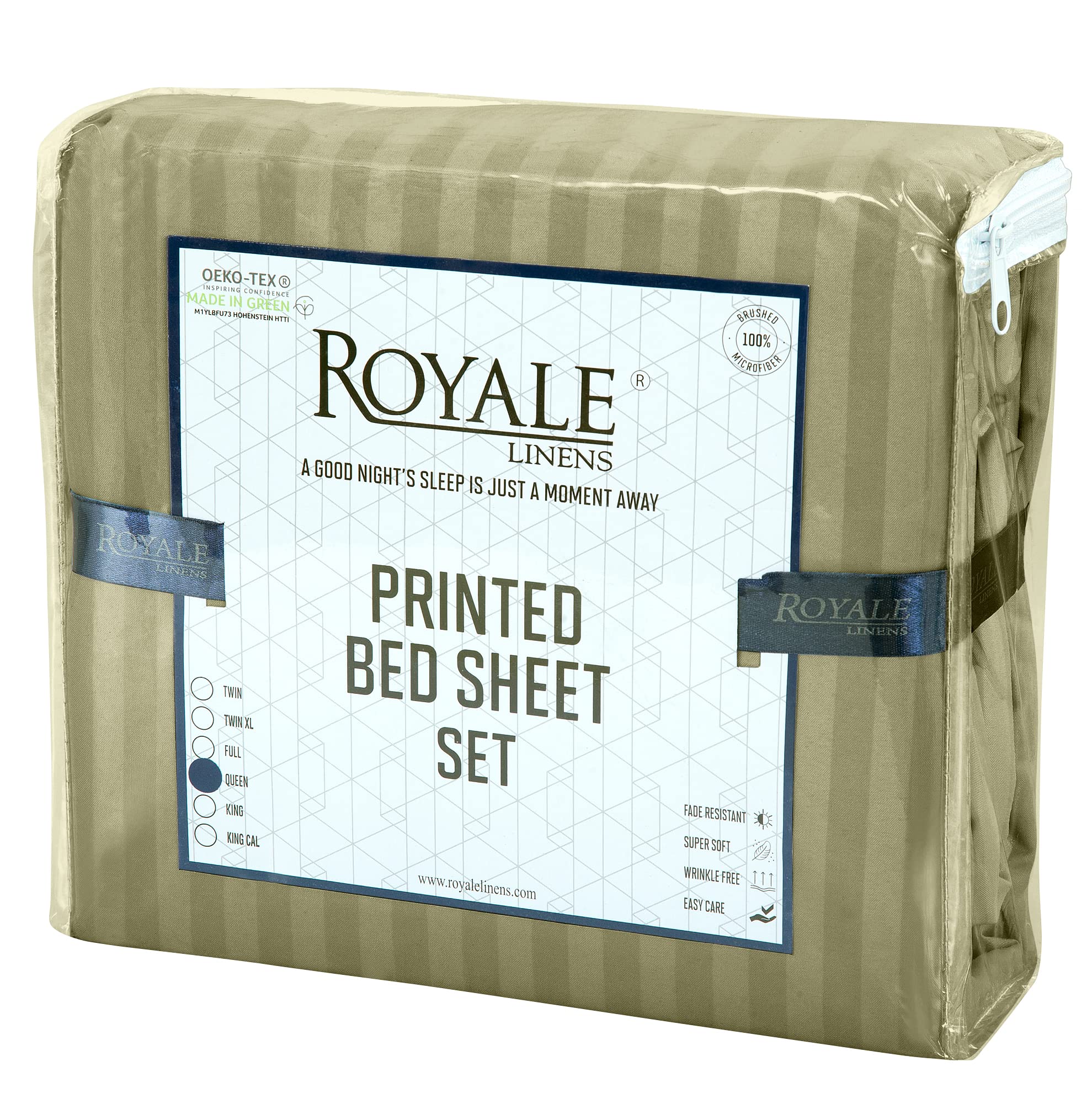 ROYALE LINENS Striped Bed Sheet Set - Microfiber 1800 Bedding - 1 Fitted Sheet, 1 Flat Sheet, 2 Pillowcase - Wrinkle & Fade Resistant - 4 Piece Damask Stripe Bed Sheet Set (Stripe SageGreen, Queen)