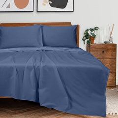 ROYALE LINENS 300 Thread Count 100% Long Staple Combed Cotton Sheet Set - 4 Piece Queen Bed Sheet 1 Fitted Sheet, 1 Flat Sheet, 2 Pillow Cases - Breathable, Cool Percale Sheet Set (Queen, Lake Blue)