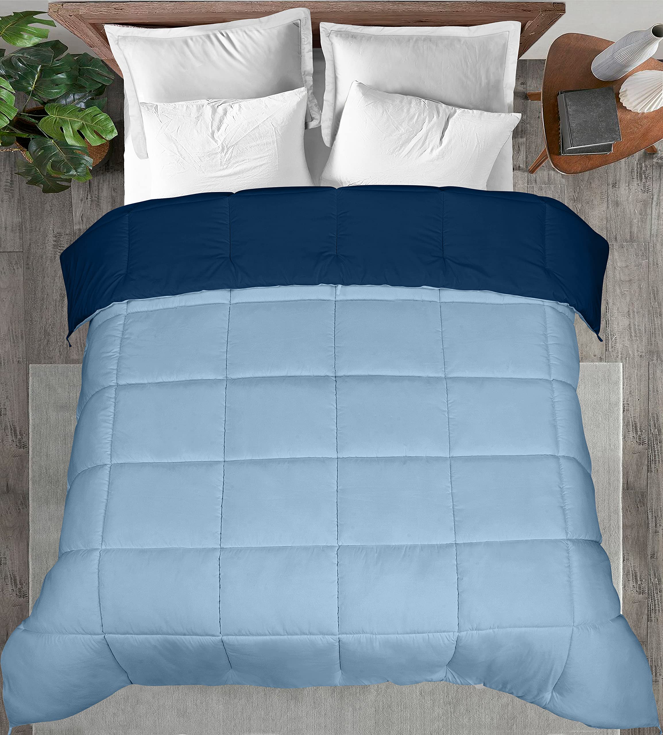 ROYALE Queen Comforter - All Season Down Alternative Bedding Comforter - Lightweight Quilted Comforter with Corner Tabs - Luxury Hotel Comforter - Box Stitched Duvet Insert (Queen, Navy & Lake Blue)