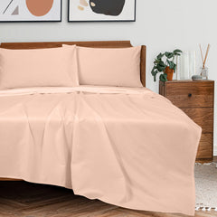 ROYALE LINENS 300 Thread Count 100% Long Staple Combed Cotton Sheet Set - 4 Piece Queen Bed Sheet 1 Fitted Sheet, 1 Flat Sheet, 2 Pillow Case - Breathable, Cool & Crisp Percale Sheet Set (Queen, Pink)