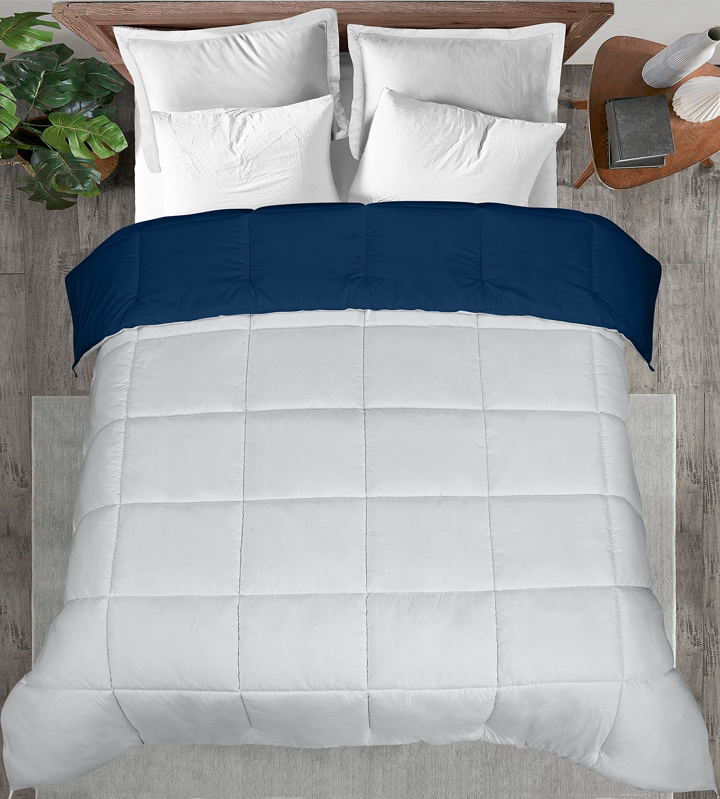 ROYALE Queen Comforter - All Season Down Alternative Bedding Comforter - Lightweight Quilted Comforter with Corner Tabs - Soft Luxury Hotel Comforter - Box Stitched Duvet Insert (Queen, Navy & Silver)