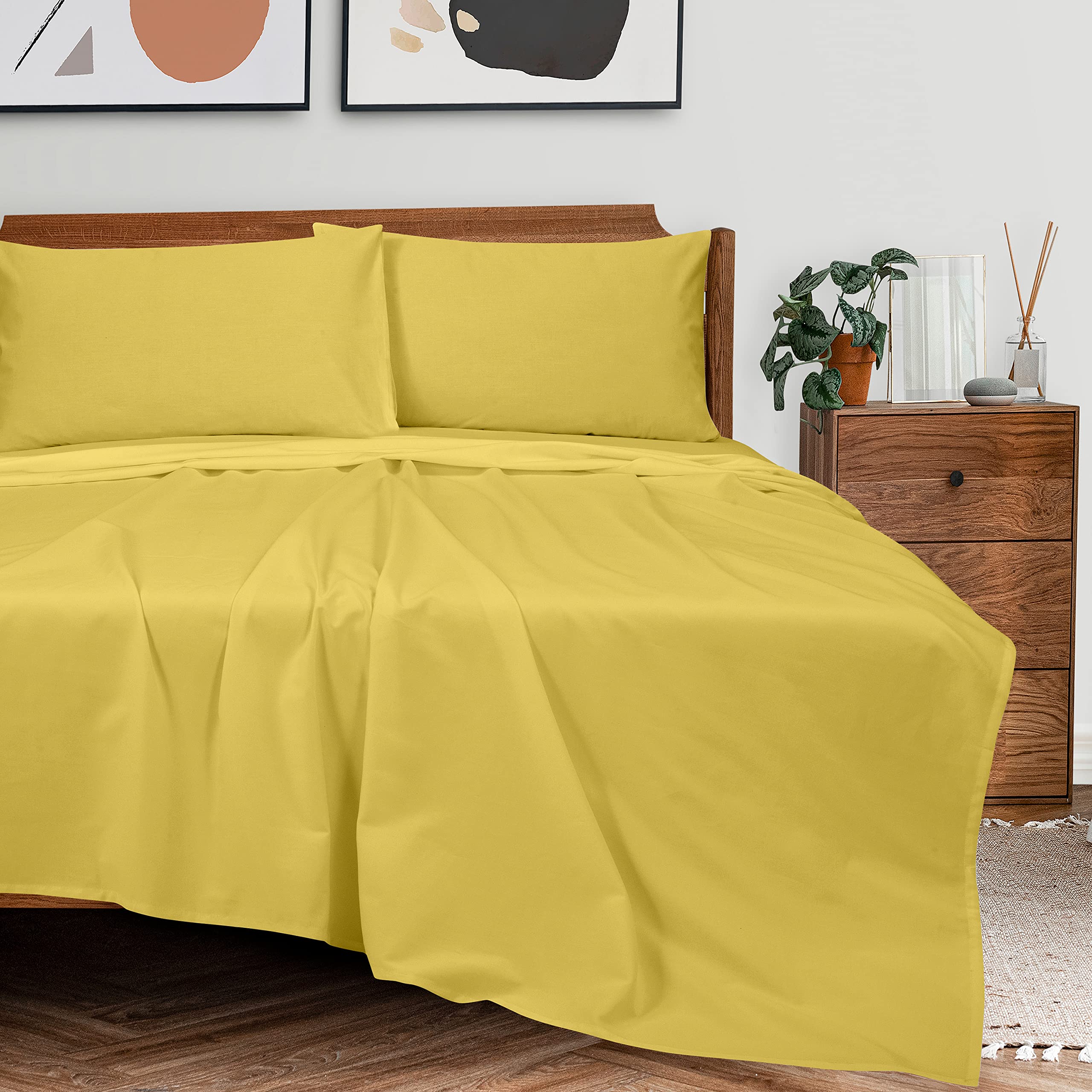 ROYALE LINENS 300 Thread Count 100% Long Staple Combed Cotton Sheet Set - 4 Piece Bed Sheet 1 Fitted Sheet, 1 Flat Sheet, 2 Pillow Case -Breathable Cool & Crisp Percale Sheet Set (Yellow)