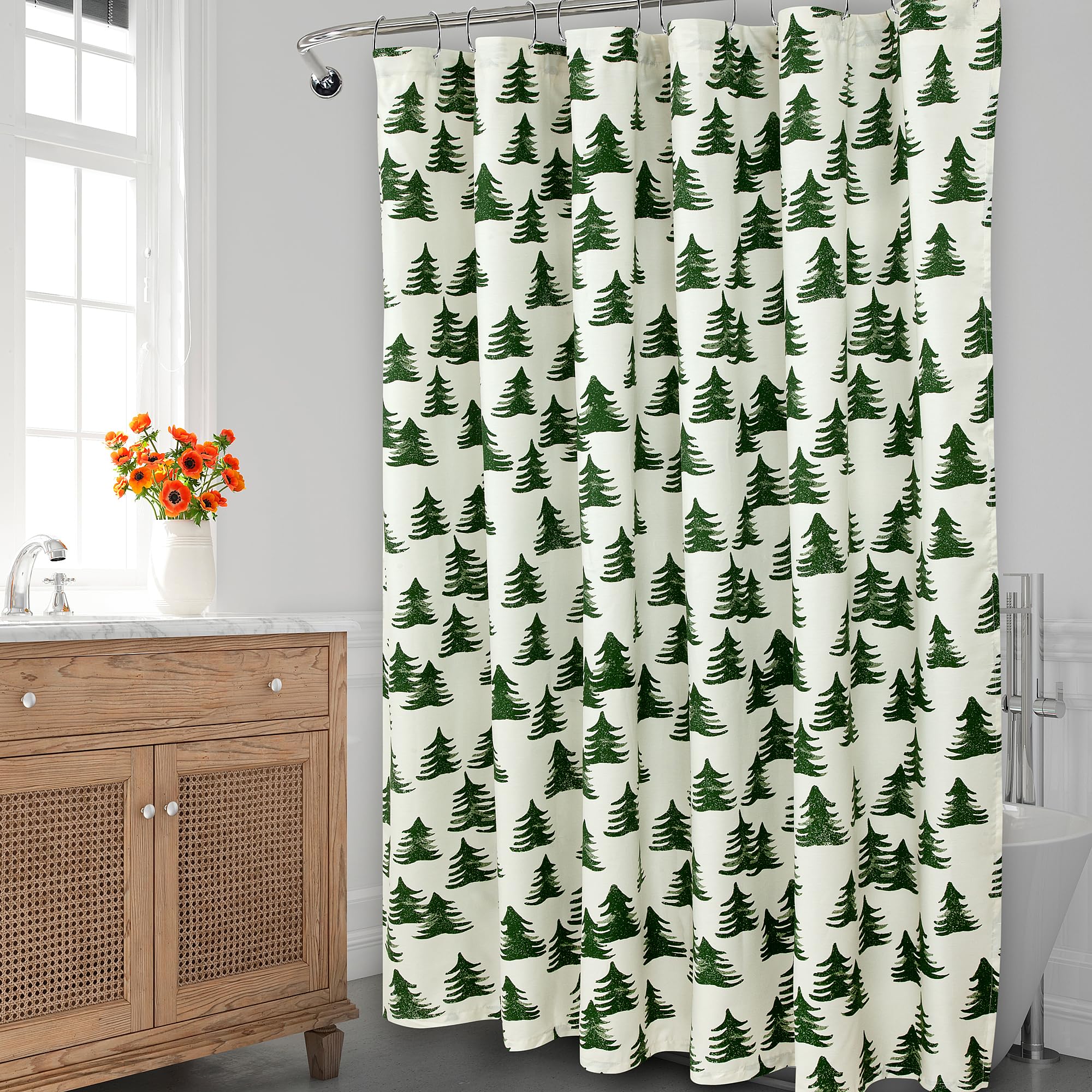 ROYALE LINENS Christmas Printed Shower Curtain 72 X 72 Inches - with Reinforced Button Holes - Christmas Design - Machine Washable & Water Resistant Shower Curtains (72" X 72" Trees White)