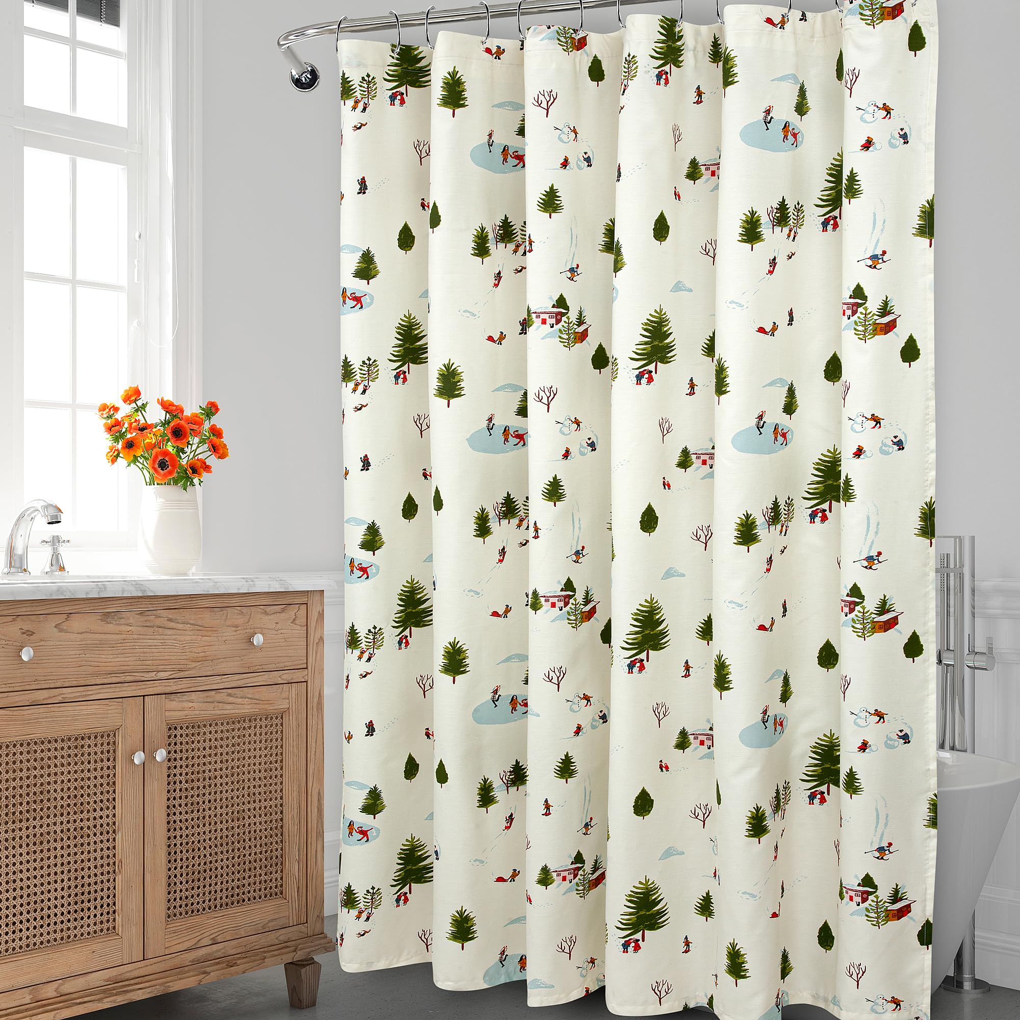 ROYALE LINENS Christmas Printed Shower Curtain 72 X 72 Inches - with Reinforced Button Holes - Christmas Design - Machine Washable & Water Resistant Shower Curtains (72" X 72" Winter White)