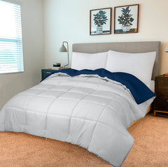 ROYALE Queen Comforter - All Season Down Alternative Bedding Comforter - Lightweight Quilted Comforter with Corner Tabs - Soft Luxury Hotel Comforter - Box Stitched Duvet Insert (Queen, Navy & Silver)