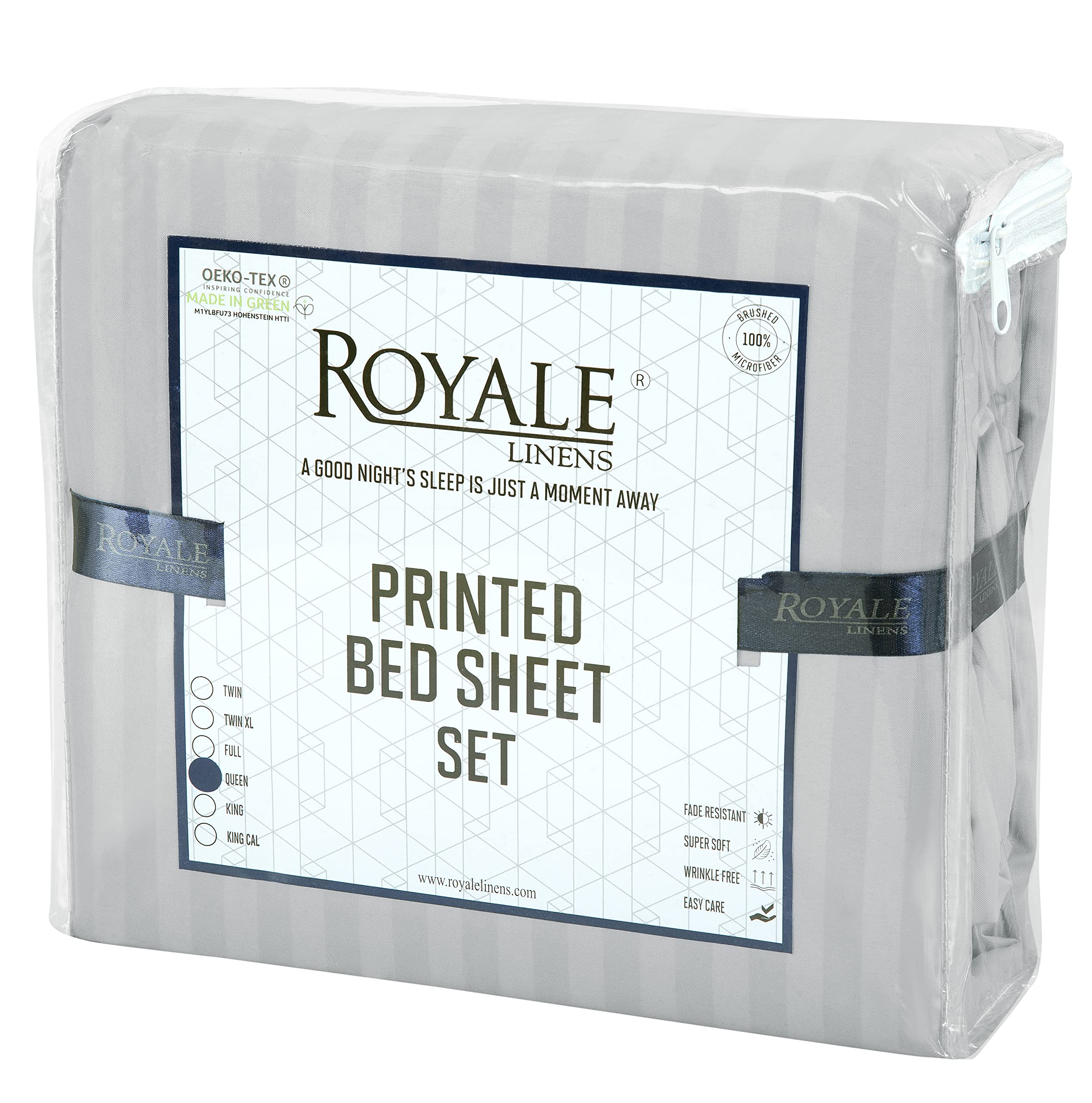 Royale Linen Striped Bed Sheet Set - Microfiber 1800 Bedding - 1 Fitted Sheet, 1 Flat Sheet, 2 Pillow case - Wrinkle & Fade Resistant - 4 Piece Damask Stripe Queen Bed Sheet Set (Stripe Silver, Queen)