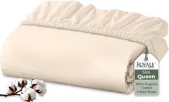 Royale Linens 100% Organic Cotton Percale Weave Super Soft Deep Pocket Bottom Sheets Elastic Sheet Fitted Sheets Only